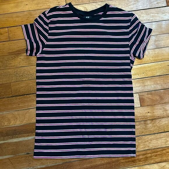 H&M Women’s Dark navy pink and white striped scoop neck tshirt size s - Picture 1 of 7